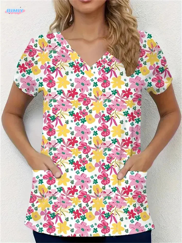 Floral Nurse Top -Stretch Fit with Handy Pockets & Soft V-Neck