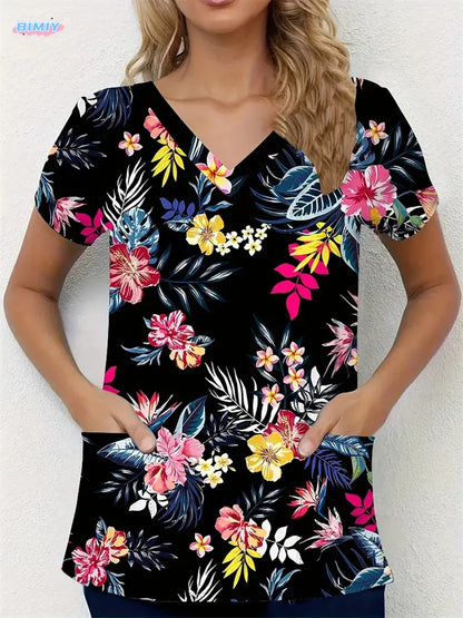 Floral Nurse Top -Stretch Fit with Handy Pockets & Soft V-Neck