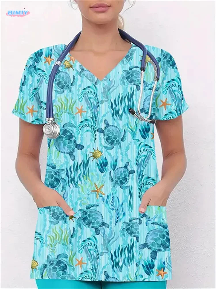 Floral Nurse Top -Stretch Fit with Handy Pockets & Soft V-Neck