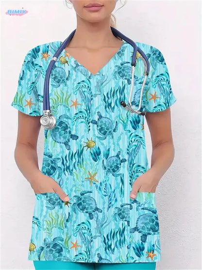 Floral Nurse Top -Stretch Fit with Handy Pockets & Soft V-Neck