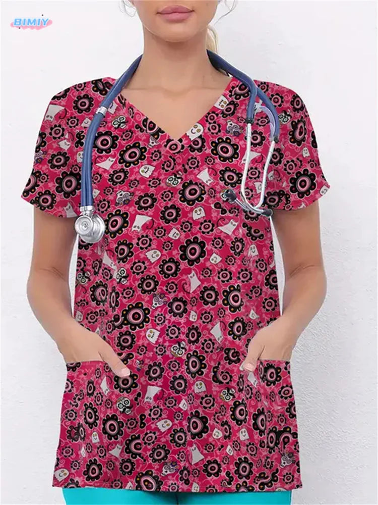 Floral Nurse Top -Stretch Fit with Handy Pockets & Soft V-Neck
