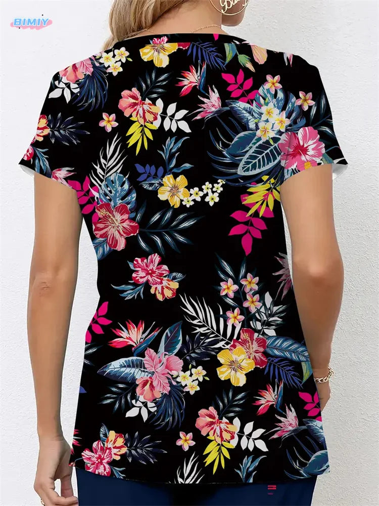 Floral Nurse Top -Stretch Fit with Handy Pockets & Soft V-Neck