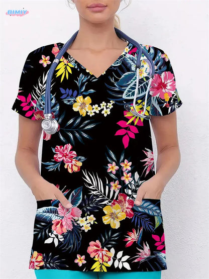 Floral Nurse Top -Stretch Fit with Handy Pockets & Soft V-Neck
