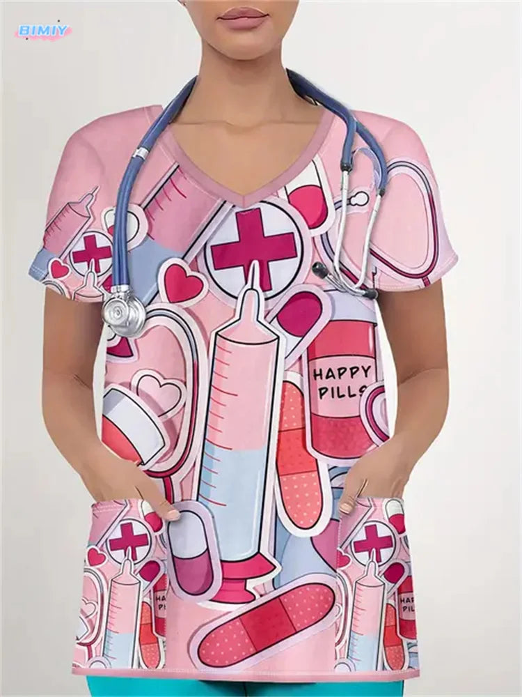 Floral Nurse Top -Stretch Fit with Handy Pockets & Soft V-Neck