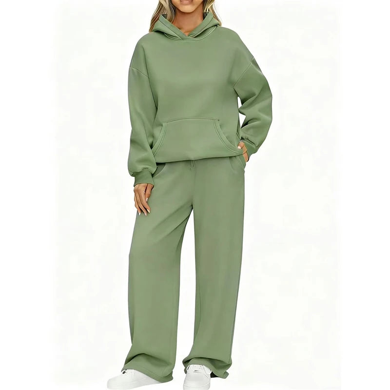 Autumn Winter Women's Hoodie+Wide leg pants set