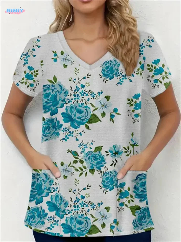 Floral Nurse Top -Stretch Fit with Handy Pockets & Soft V-Neck
