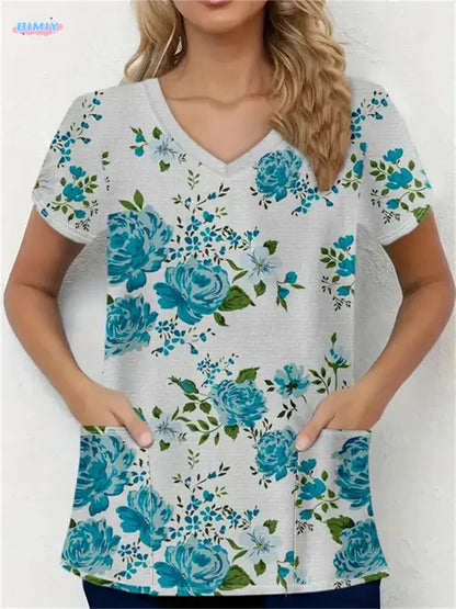 Floral Nurse Top -Stretch Fit with Handy Pockets & Soft V-Neck