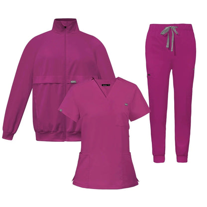 Unisex 3 Piece Medical Scrubs Set Zip Front Jacket V Neck Top Drawstring Pants Soft Stretchy for Hospital Clinic Beauty Salon