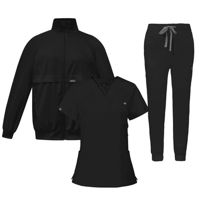 Unisex 3 Piece Medical Scrubs Set Zip Front Jacket V Neck Top Drawstring Pants Soft Stretchy for Hospital Clinic Beauty Salon