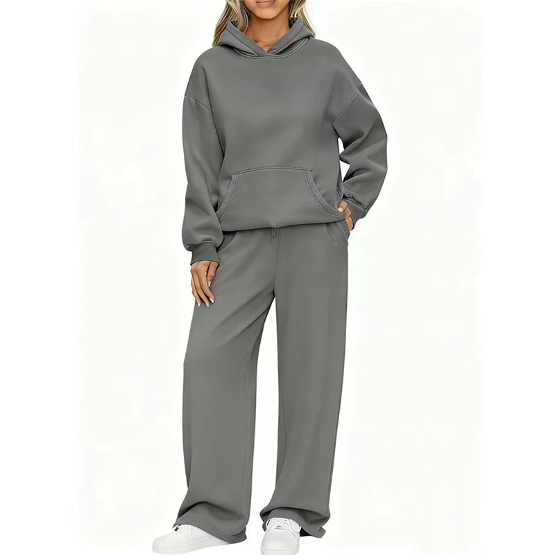 Autumn Winter Women's Hoodie+Wide leg pants set