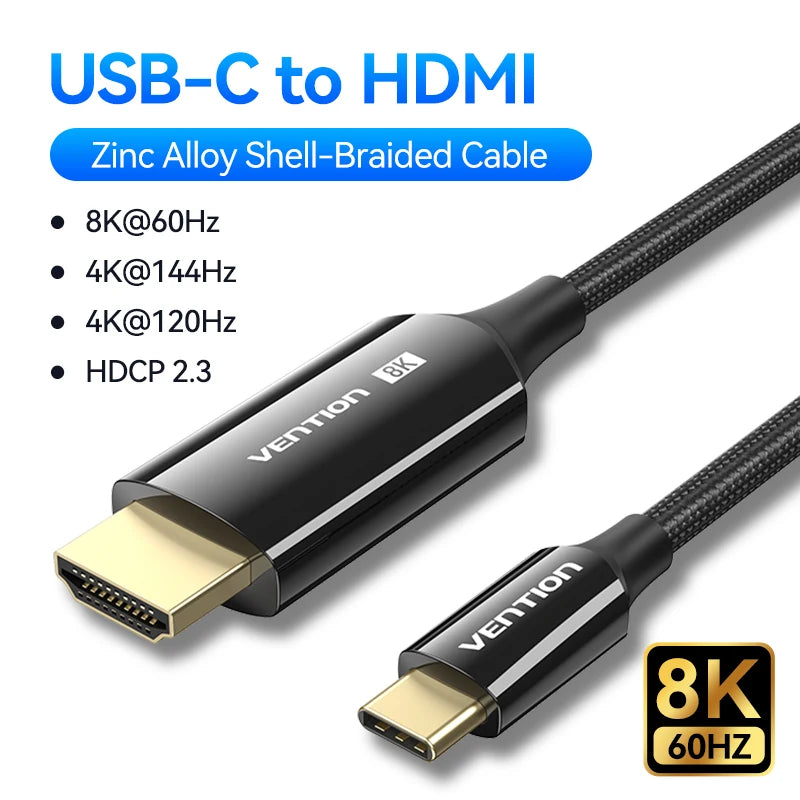 Vention Type C to HDMI-compatible Cable 8K/60Hz 4K/120Hz for MacBook Pro iMac iPad Pro for Samsung Xiaomi USB C to HDMI 2.1