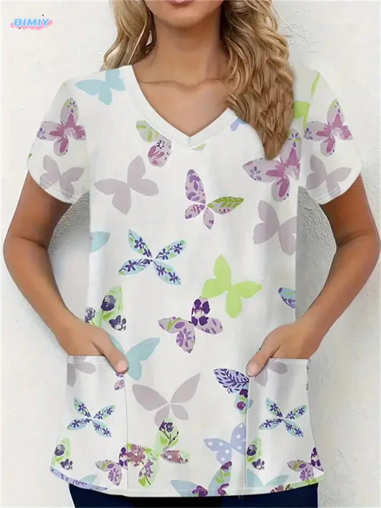 Floral Nurse Top -Stretch Fit with Handy Pockets & Soft V-Neck