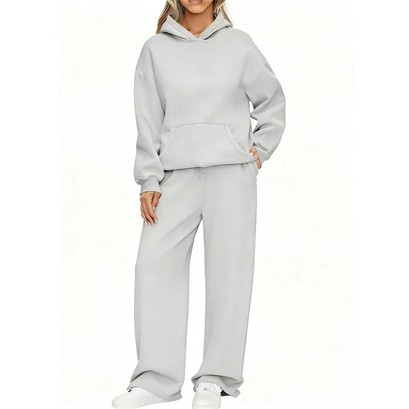 Autumn Winter Women's Hoodie+Wide leg pants set
