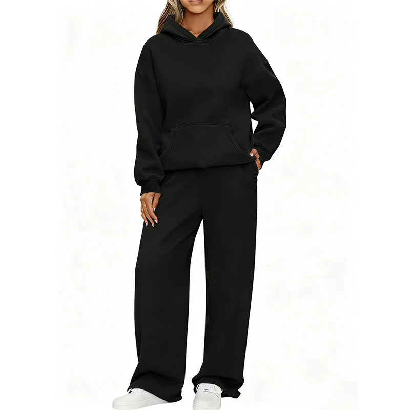 Autumn Winter Women's Hoodie+Wide leg pants set