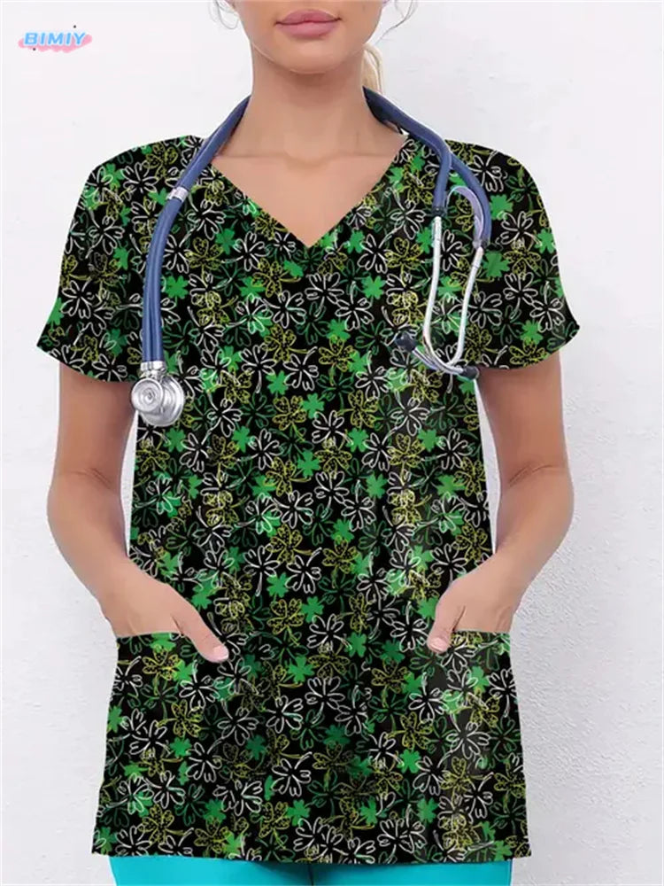 Floral Nurse Top -Stretch Fit with Handy Pockets & Soft V-Neck