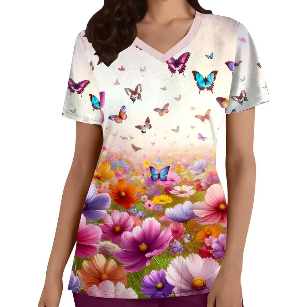 Animal Print V-neck Microstretch Scrub Top