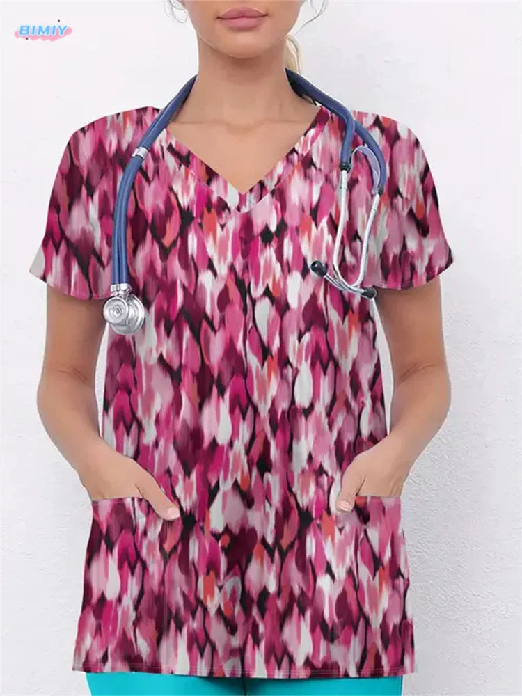 Floral Nurse Top -Stretch Fit with Handy Pockets & Soft V-Neck