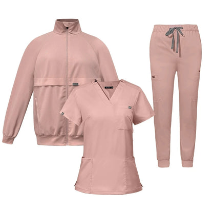 Unisex 3 Piece Medical Scrubs Set Zip Front Jacket V Neck Top Drawstring Pants Soft Stretchy for Hospital Clinic Beauty Salon