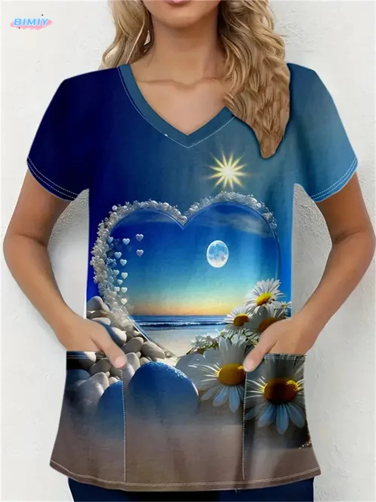 Floral Nurse Top -Stretch Fit with Handy Pockets & Soft V-Neck
