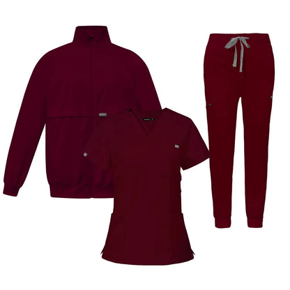 Unisex 3 Piece Medical Scrubs Set Zip Front Jacket V Neck Top Drawstring Pants Soft Stretchy for Hospital Clinic Beauty Salon