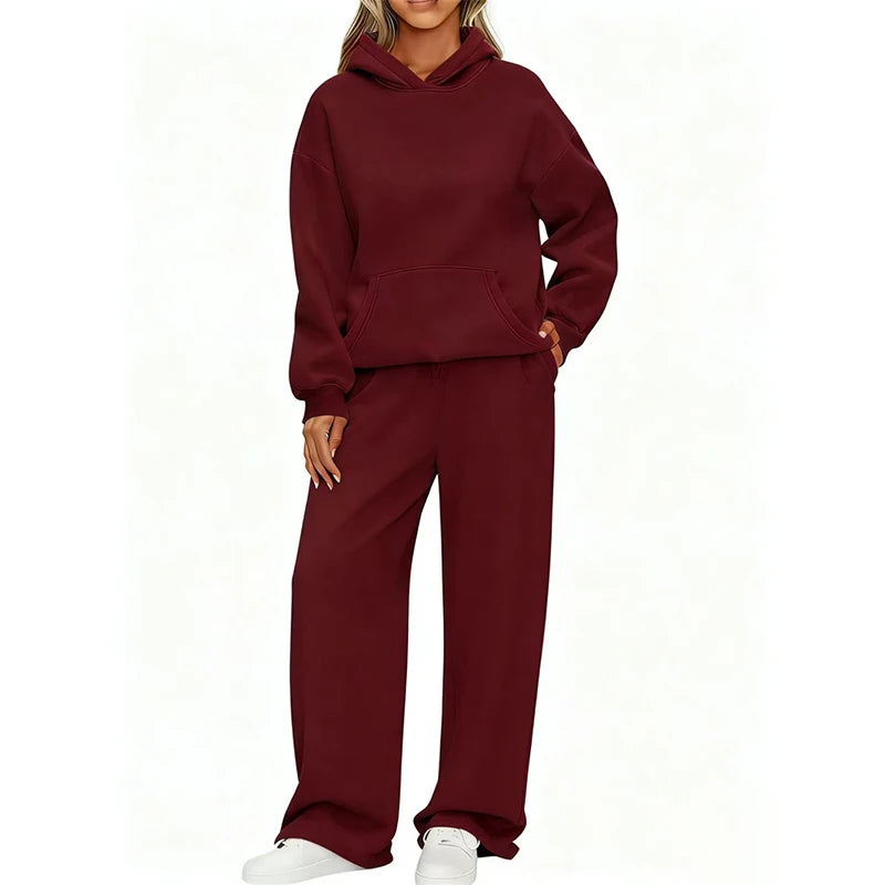 Autumn Winter Women's Hoodie+Wide leg pants set