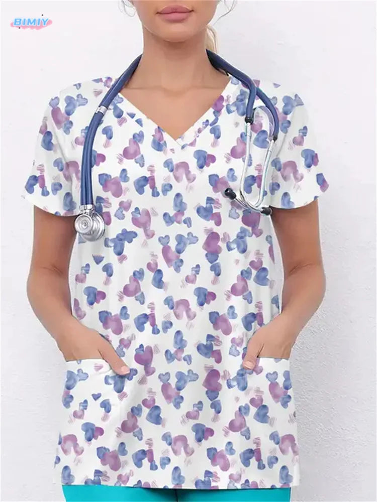 Floral Nurse Top -Stretch Fit with Handy Pockets & Soft V-Neck
