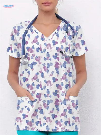 Floral Nurse Top -Stretch Fit with Handy Pockets & Soft V-Neck
