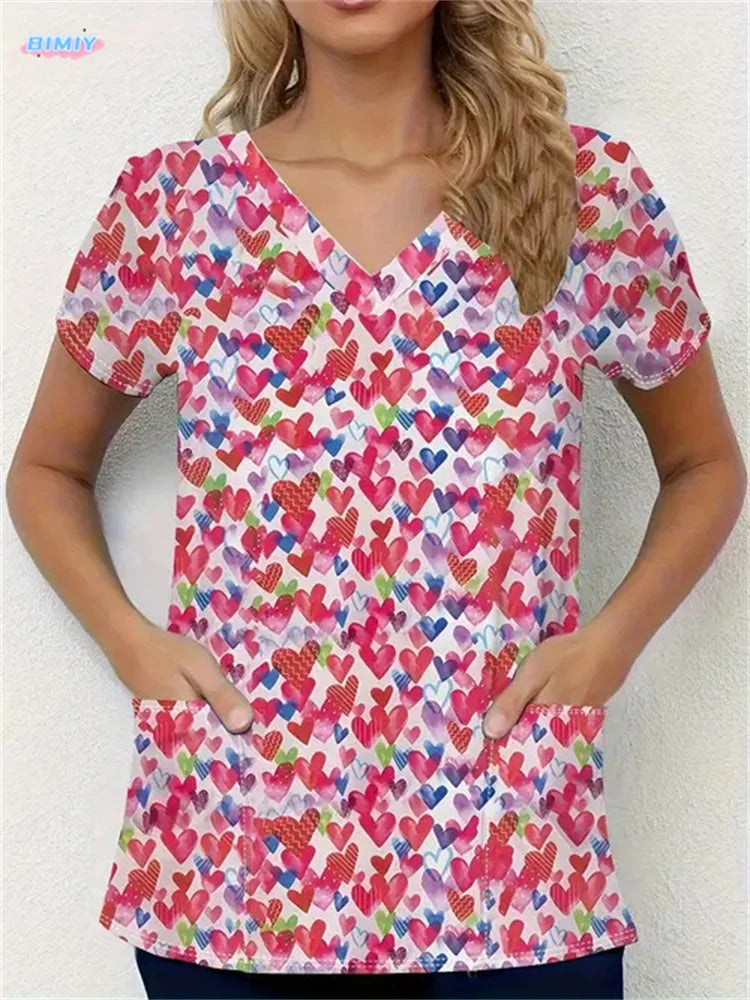 Floral Nurse Top -Stretch Fit with Handy Pockets & Soft V-Neck