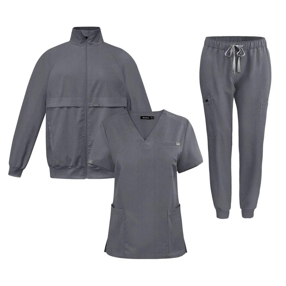 Unisex 3 Piece Medical Scrubs Set Zip Front Jacket V Neck Top Drawstring Pants Soft Stretchy for Hospital Clinic Beauty Salon