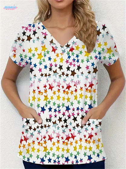 Floral Nurse Top -Stretch Fit with Handy Pockets & Soft V-Neck