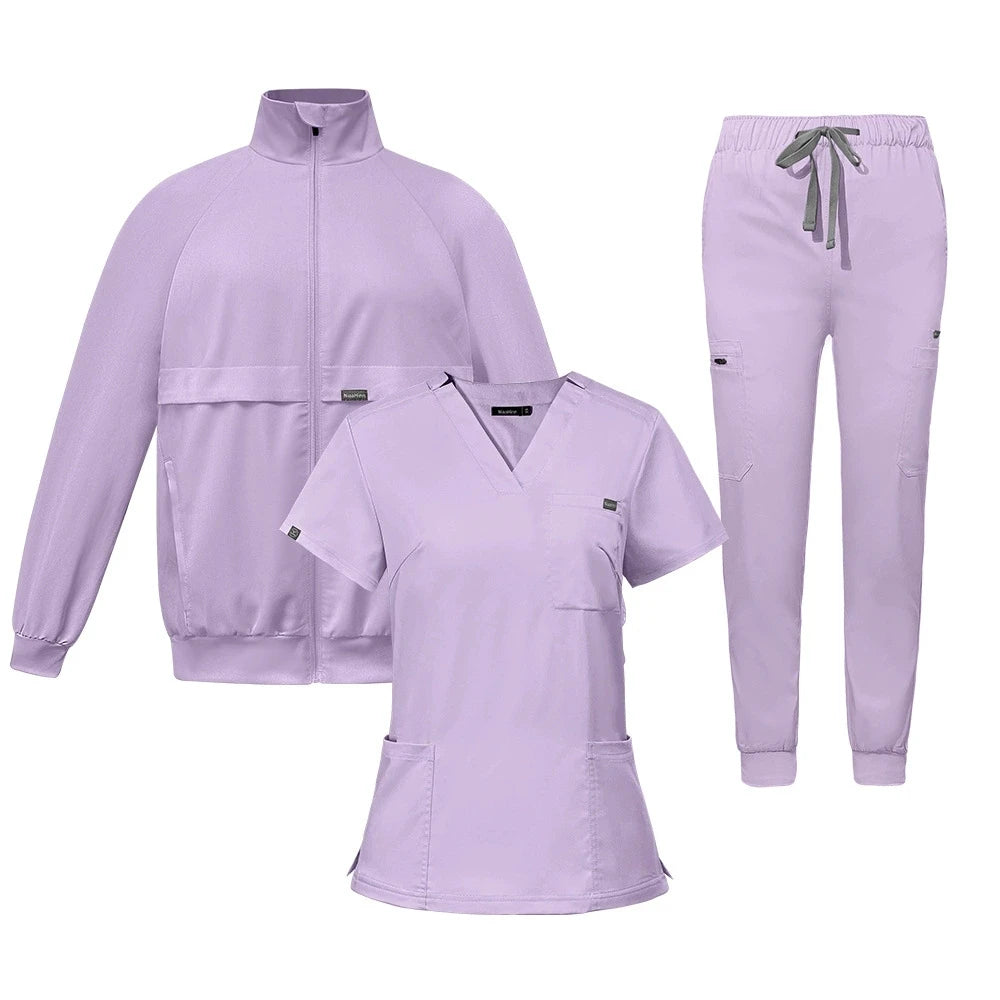 Unisex 3 Piece Medical Scrubs Set Zip Front Jacket V Neck Top Drawstring Pants Soft Stretchy for Hospital Clinic Beauty Salon